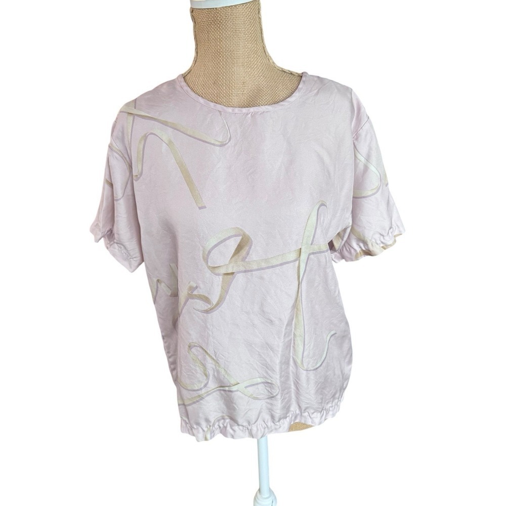 Cynthia Rowley Womens 100% Silk Short Sleeve Blouse Pink Ribbon Print‎ Small